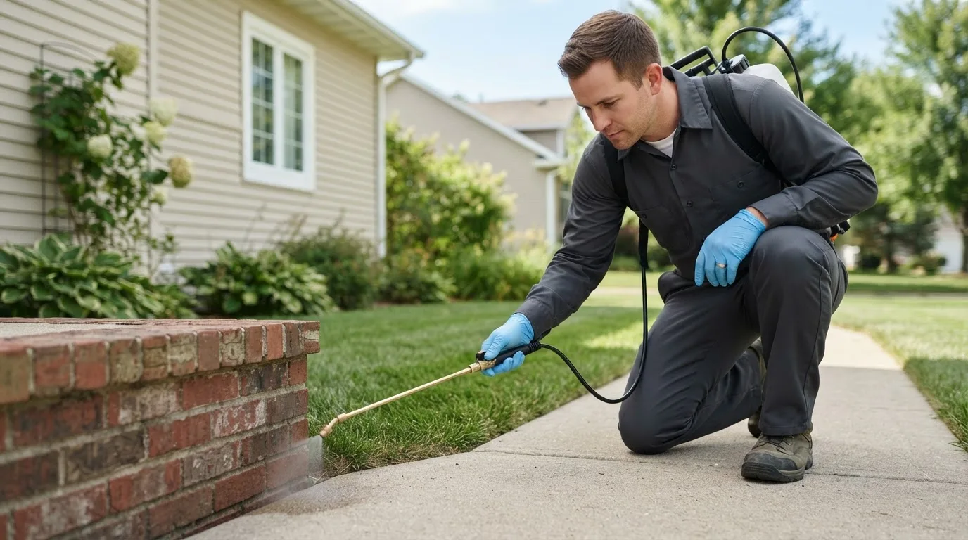 Pest control technician treating a home near Bethlehem, NH